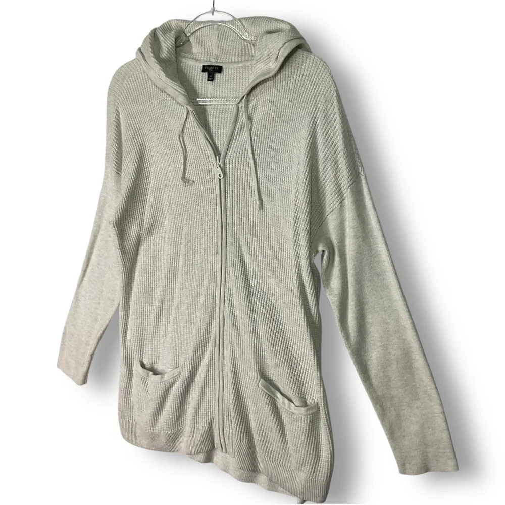 Talbots Waffle Knit Hooded Thermal Sweater 1X Full Zip Neutral Long Lightweight - Picture 5 of 11